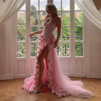 Elegant Evening Dress for Girls Arabic Pink 3D Flowers Elegant Srapless Dress Side Split Prom Party Gowns LA72568