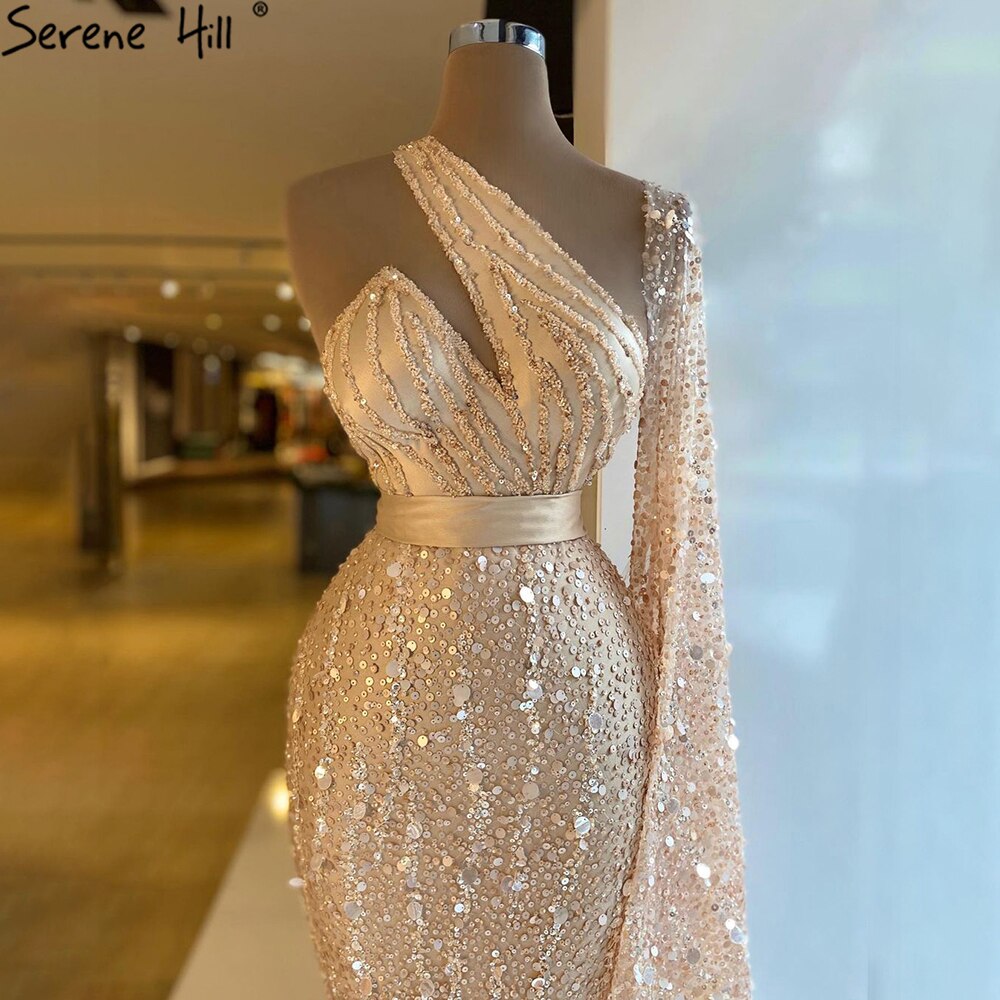 Mermaid Gold One Shoulder Evening Dresses Gowns 2025 Luxury Feather Beading Elegant Sexy For Women Party LA71096