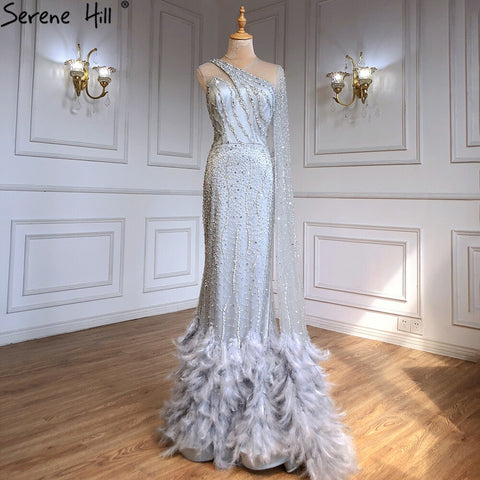 Mermaid Gold One Shoulder Evening Dresses Gowns 2025 Luxury Feather Beaded Elegant Sexy For Women Party LA71096