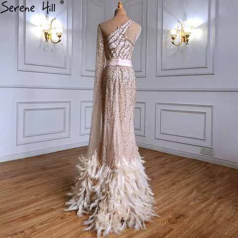 Mermaid Gold One Shoulder Evening Dresses Gowns 2025 Luxury Feather Beaded Elegant Sexy For Women Party LA71096