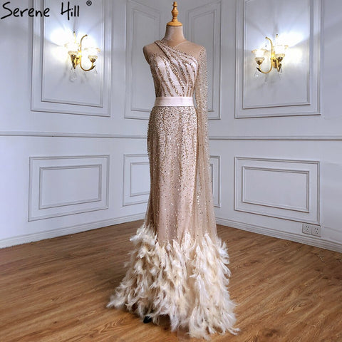 Mermaid Gold One Shoulder Evening Dresses Gowns 2025 Luxury Feather Beaded Elegant Sexy For Women Party LA71096