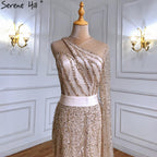 Mermaid Gold One Shoulder Evening Dresses Gowns 2025 Luxury Feather Beaded Elegant Sexy For Women Party LA71096