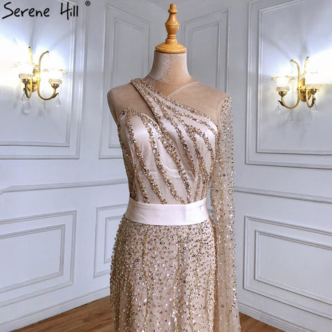 Mermaid Gold One Shoulder Evening Dresses Gowns 2025 Luxury Feather Beaded Elegant Sexy For Women Party LA71096