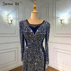 Mermaid Luxury Blue Silver Evening Dresses Gowns 2025 Split Elegant Sparkle Sexy For Women Party LA71050
