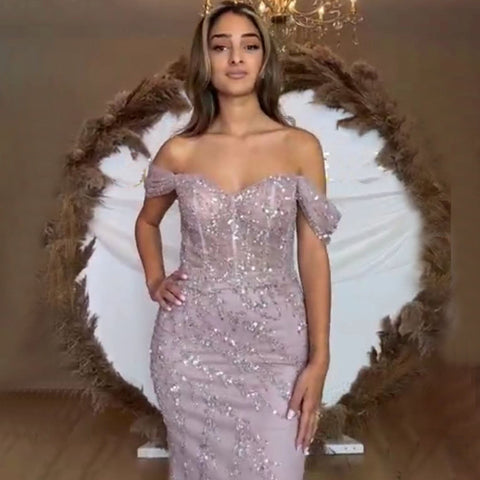 Mermaid Luxury Pink Evening Dresses Gowns 2025 Beaded Off The Shoulder Elegant For Woman Party LA71653