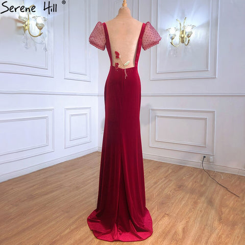 Sale Mermaid Wine Red Elegant Evening Dresses Gowns 2025 Puff Sleeves Beading For Women Party LA70841