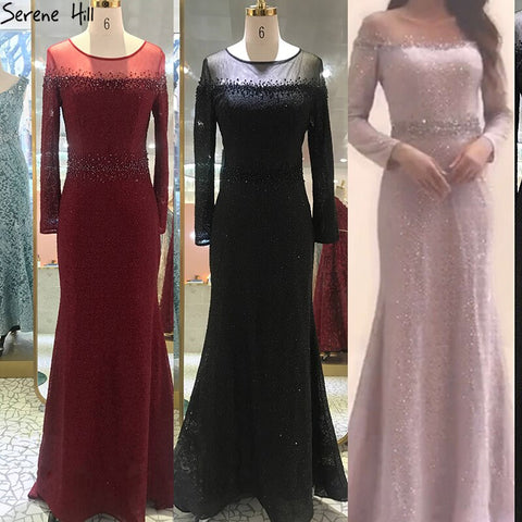 Mermaid Wine Red O-Neck Evening Gowns 2025 Lone Sleeves Beading Luxury Formal Dress Design LA70730