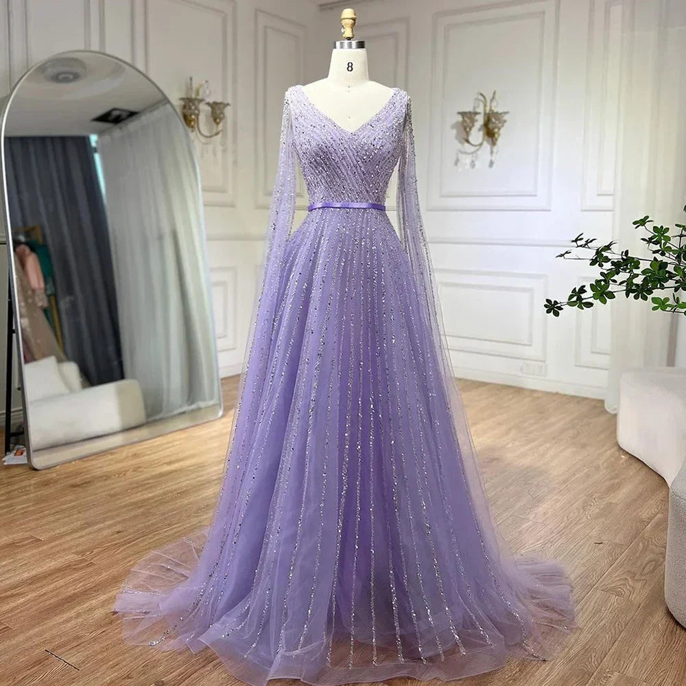 Mint Cape Sleeves A Line Beaded Luxury Dubai Evening Dresses Long 2025 Celebrity Gowns For Woman Party LA71865