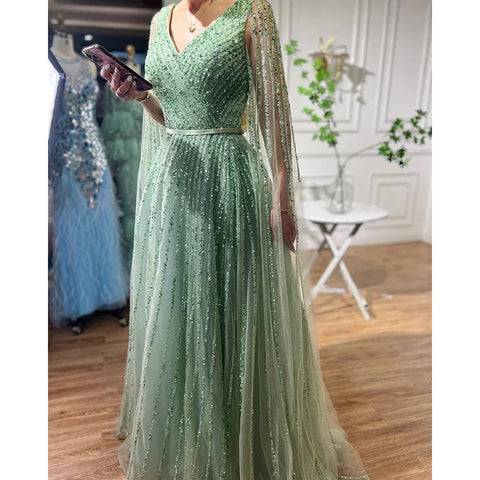 Mint Cape Sleeves A Line Beaded Luxury Dubai Evening Dresses Long 2025 Celebrity Gowns For Woman Party LA71865