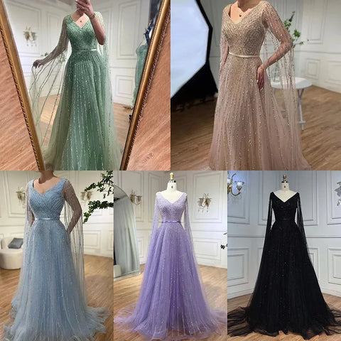 Mint Cape Sleeves A Line Beaded Luxury Dubai Evening Dresses Long 2025 Celebrity Gowns For Woman Party LA71865