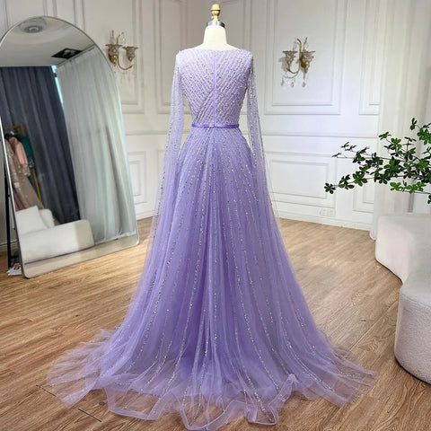 Mint Cape Sleeves A Line Beaded Luxury Dubai Evening Dresses Long 2025 Celebrity Gowns For Woman Party LA71865