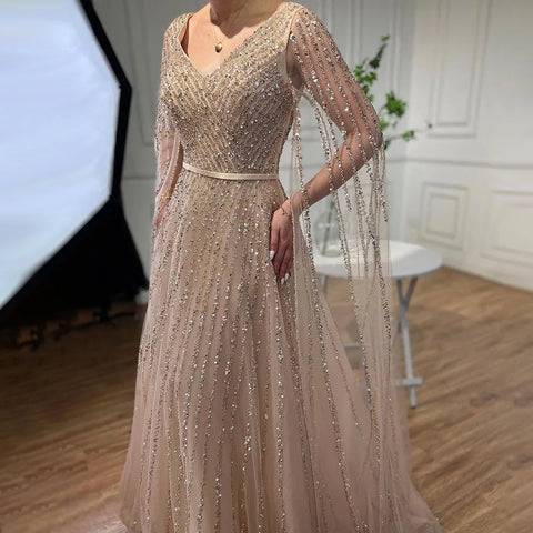 Mint Cape Sleeves A Line Beaded Luxury Dubai Evening Dresses Long 2025 Celebrity Gowns For Woman Party LA71865