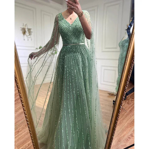 Mint Cape Sleeves A Line Beaded Luxury Dubai Evening Dresses Long 2025 Celebrity Gowns For Woman Party LA71865