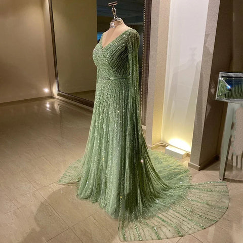 Mint Cape Sleeves A Line Beaded Luxury Dubai Evening Dresses Long 2025 Celebrity Gowns For Woman Party LA71865