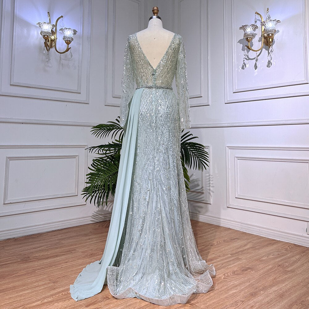 Mint Dubai Muslim Mermaid Puff Sleeves Overskirt Luxury Beaded Evening Dresses Gowns 2025 For Women Party LA72025