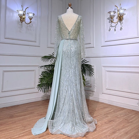 Mint Dubai Muslim Mermaid Puff Sleeves Overskirt Luxury Beaded Evening Dresses Gowns 2025 For Women Party LA72025