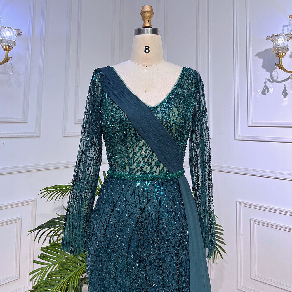 Mint Dubai Muslim Mermaid Puff Sleeves Overskirt Luxury Beaded Evening Dresses Gowns 2025 For Women Party LA72025