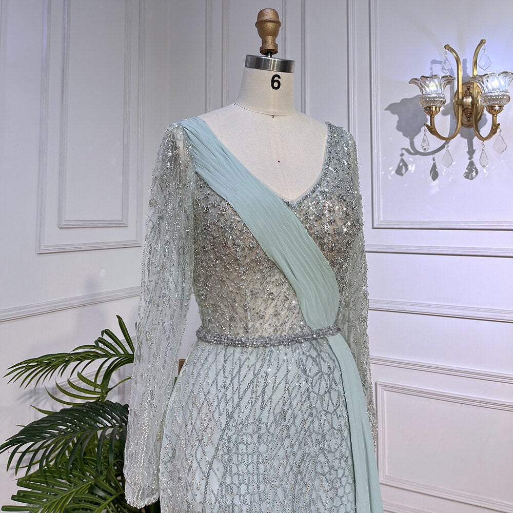 Mint Dubai Muslim Mermaid Puff Sleeves Overskirt Luxury Beaded Evening Dresses Gowns 2025 For Women Party LA72025