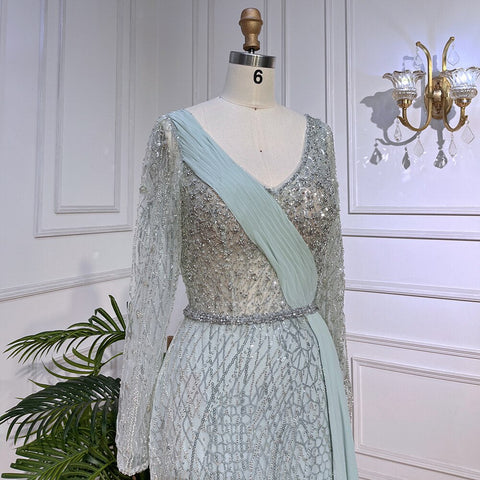 Mint Dubai Muslim Mermaid Puff Sleeves Overskirt Luxury Beaded Evening Dresses Gowns 2025 For Women Party LA72025
