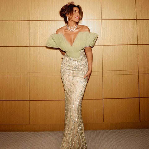 Mint Green Mermaid Elegant Sexy V-Neck Evening Dresses Gowns 2025 Luxury Pearls Beaded For Women Party LA71719