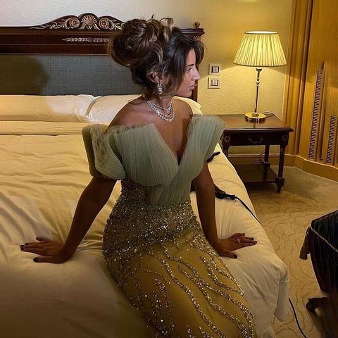 Mint Green Mermaid Elegant Sexy V-Neck Evening Dresses Gowns 2025 Luxury Pearls Beaded For Women Party LA71719