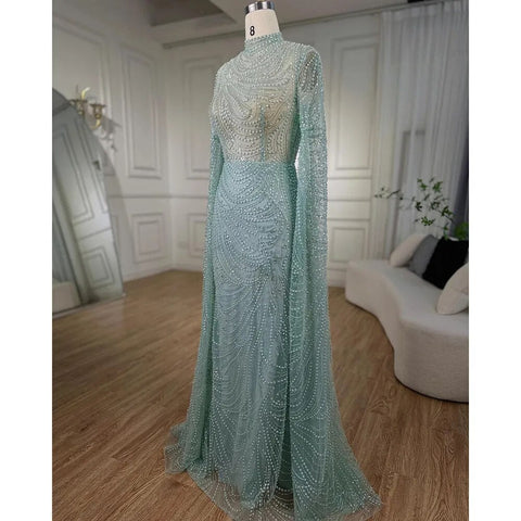 Mint Luxury Mermaid Muslim Evening Dresses Gowns 2025 Cape Sleeves Beaded Elegant For Women Wedding Party LA72182