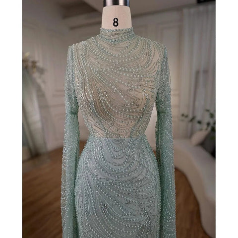 Mint Luxury Mermaid Muslim Evening Dresses Gowns 2025 Cape Sleeves Beaded Elegant For Women Wedding Party LA72182