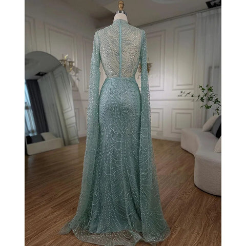Mint Luxury Mermaid Muslim Evening Dresses Gowns 2025 Cape Sleeves Beaded Elegant For Women Wedding Party LA72182
