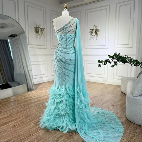 Robe de soirée sirène asymétrique turquoise plume avec cape LA72399