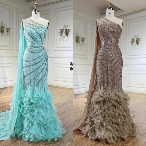 Robe de soirée sirène asymétrique turquoise plume avec cape LA72399