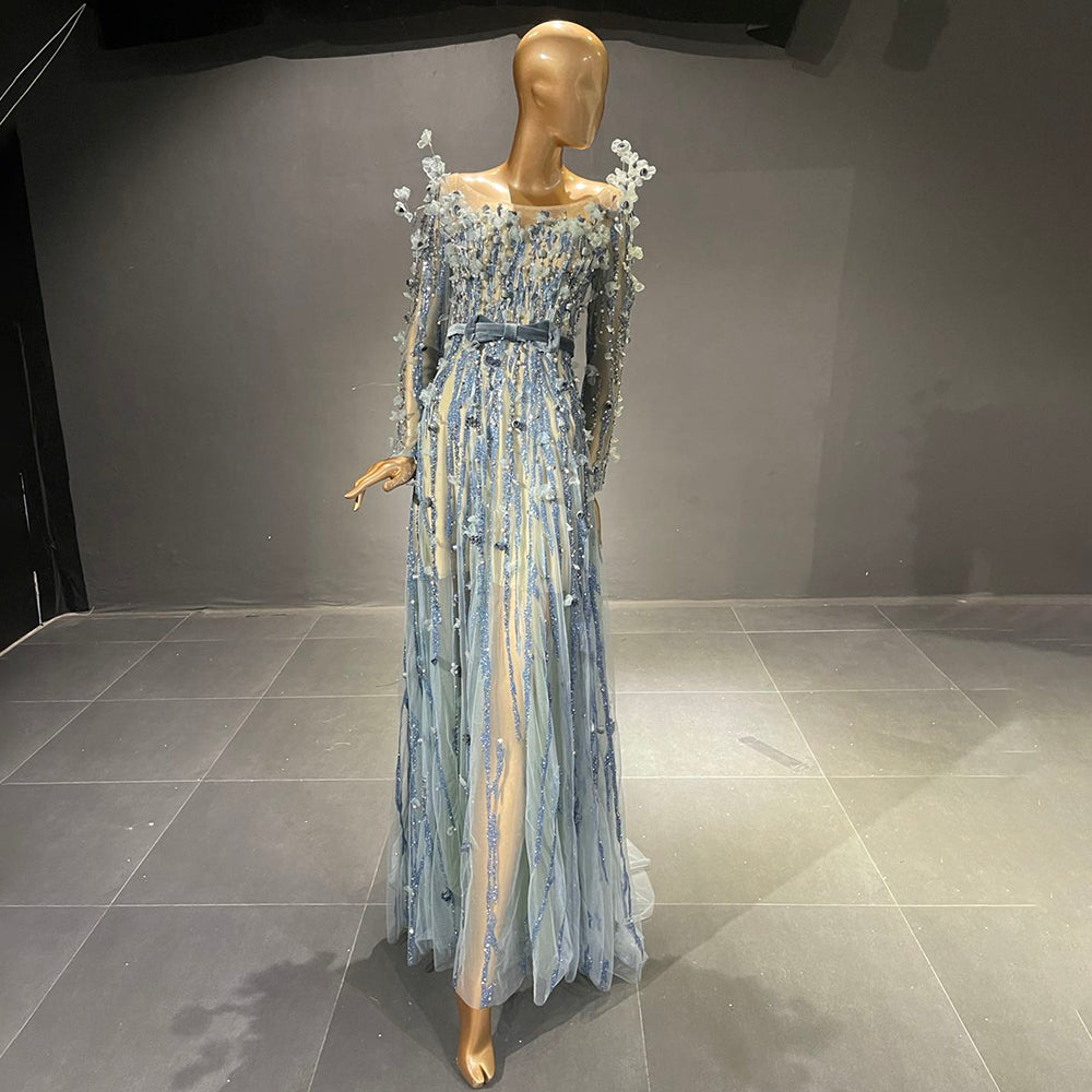 Moslim Blauw Luxe Avond Jurken 2025 Kralen A-lijn Voor Vrouwen Wedding Party LA71549