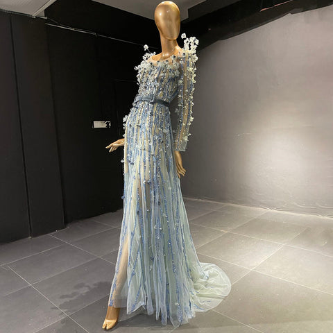 Moslim Blauw Luxe Avond Jurken 2025 Kralen A-lijn Voor Vrouwen Wedding Party LA71549