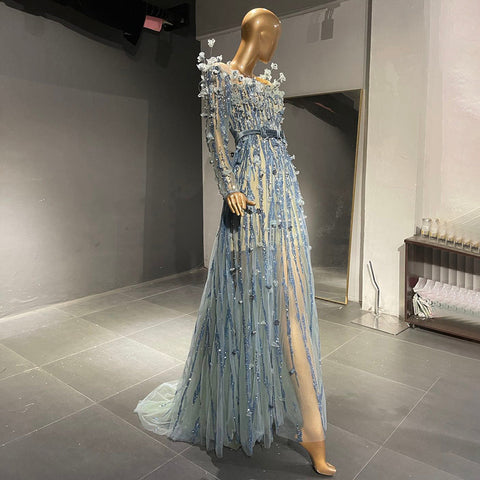 Moslim Blauw Luxe Avond Jurken 2025 Kralen A-lijn Voor Vrouwen Wedding Party LA71549