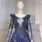 Moslim Blue A-lijn Avond Jurken 2025 Lace Kralen Luxe Voor Vrouw Party LA71552