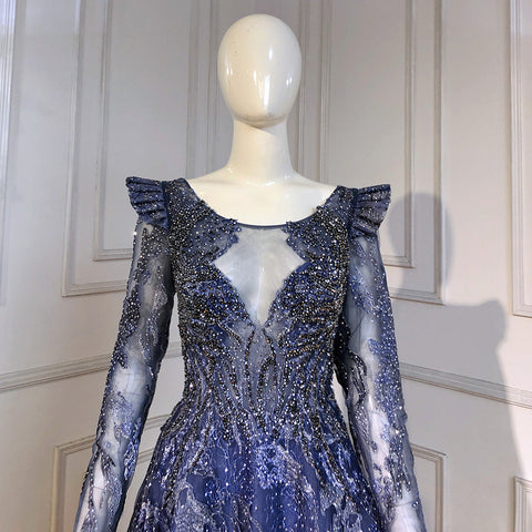 Moslim Blue A-lijn Avond Jurken 2025 Lace Kralen Luxe Voor Vrouw Party LA71552