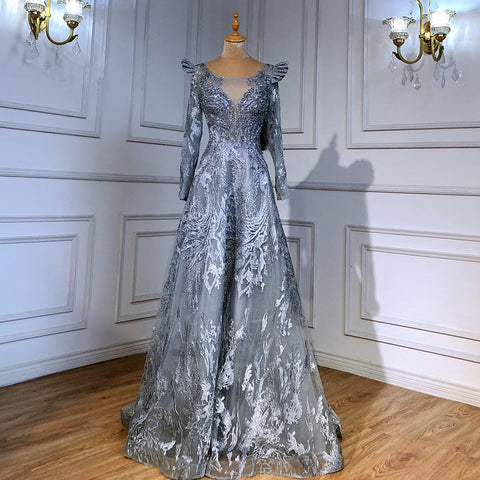 Moslim Blue A-lijn Avond Jurken 2025 Lace Kralen Luxe Voor Vrouw Party LA71552