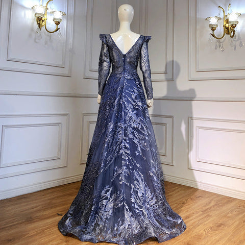 Moslim Blue A-lijn Avond Jurken 2025 Lace Kralen Luxe Voor Vrouw Party LA71552