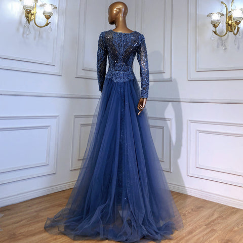 Moslim Blue Mermaid Avond Jurken 2025 Overrok Luxe Kralen Elegant Voor Vrouw Party LA71558