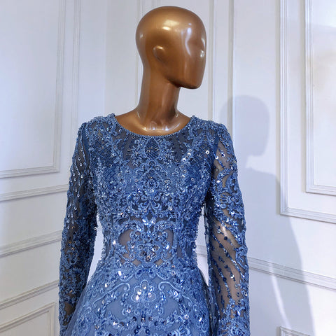 Moslim Blue Mermaid Avond Jurken 2025 Overrok Luxe Kralen Elegant Voor Vrouw Party LA71558