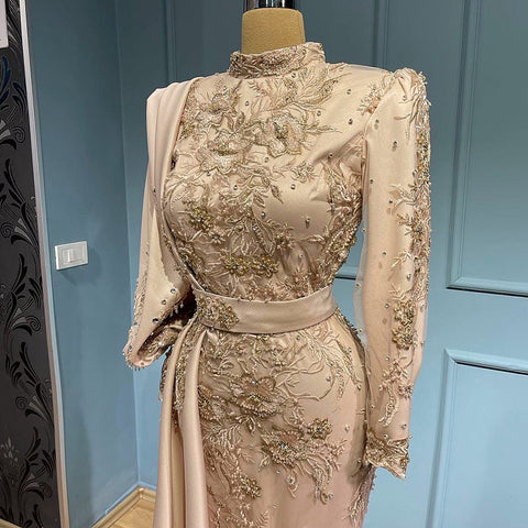 Moslim Grey Mermaid Avond Jurken 2025 Luxe Kralen Elegante Overrok Satijn Voor Vrouwen Party LA71543