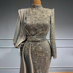 Moslim Grey Mermaid Avond Jurken 2025 Luxe Kralen Elegante Overrok Satijn Voor Vrouwen Party LA71543