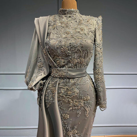 Moslim Grey Mermaid Avond Jurken 2025 Luxe Kralen Elegante Overrok Satijn Voor Vrouwen Party LA71543