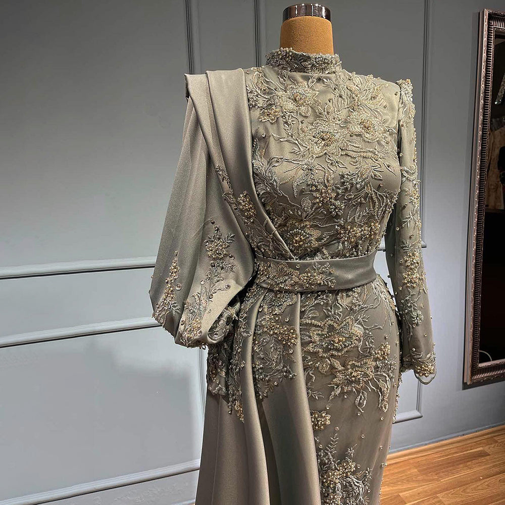 Moslim Grey Mermaid Avond Jurken 2025 Luxe Kralen Elegante Overrok Satijn Voor Vrouwen Party LA71543