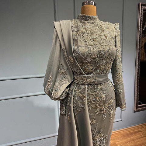 Moslim Grey Mermaid Avond Jurken 2025 Luxe Kralen Elegante Overrok Satijn Voor Vrouwen Party LA71543