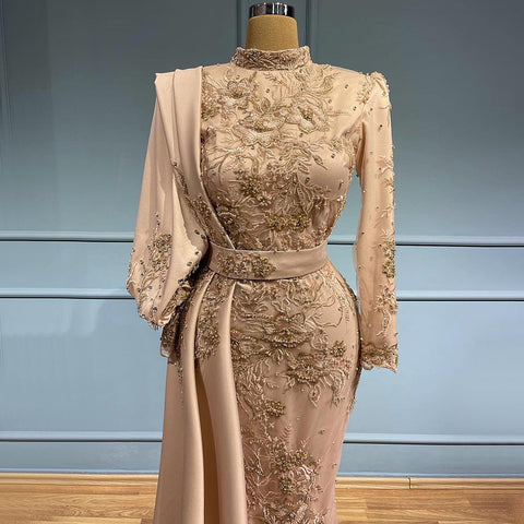 Moslim Grey Mermaid Avond Jurken 2025 Luxe Kralen Elegante Overrok Satijn Voor Vrouwen Party LA71543