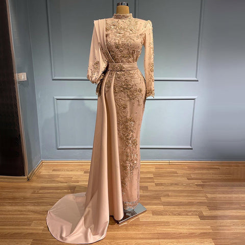 Moslim Grey Mermaid Avond Jurken 2025 Luxe Kralen Elegante Overrok Satijn Voor Vrouwen Party LA71543