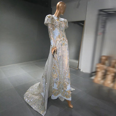 Moslim Zilveren Mermaid Overrok Avond Jurken 2025 Kralen Crystal Luxe Elegant Voor Vrouwen Party LA71573