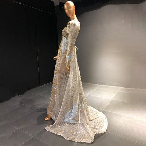 Moslim Zilveren Mermaid Overrok Avond Jurken 2025 Kralen Crystal Luxe Elegant Voor Vrouwen Party LA71573