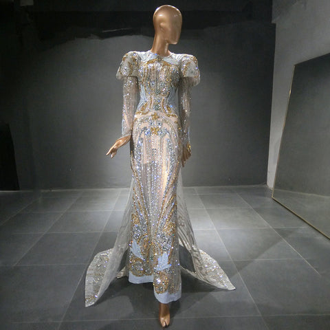 Moslim Zilveren Mermaid Overrok Avond Jurken 2025 Kralen Crystal Luxe Elegant Voor Vrouwen Party LA71573