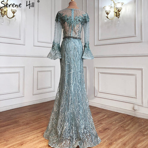 Sale Musliim Blue Mermaid Evening Dresses Gowns 2025 Elegant Beadrd Luxury For Women Party LA71128